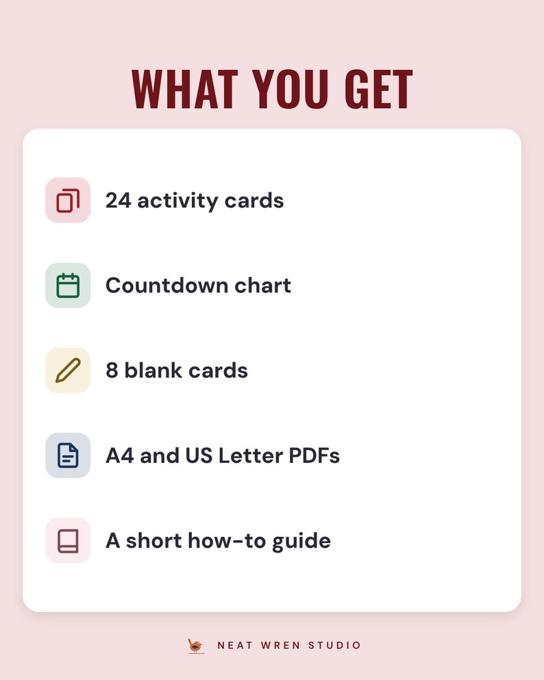 A white card under the headline What you get: 24 activity cards, a countdown chart, 8 blank cards, A4 and US Letter PDFs and a short how-to guide.