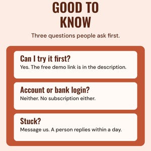 Good to know: try the free demo first, there is no account, bank login or subscription, and a person replies to messages within a day.