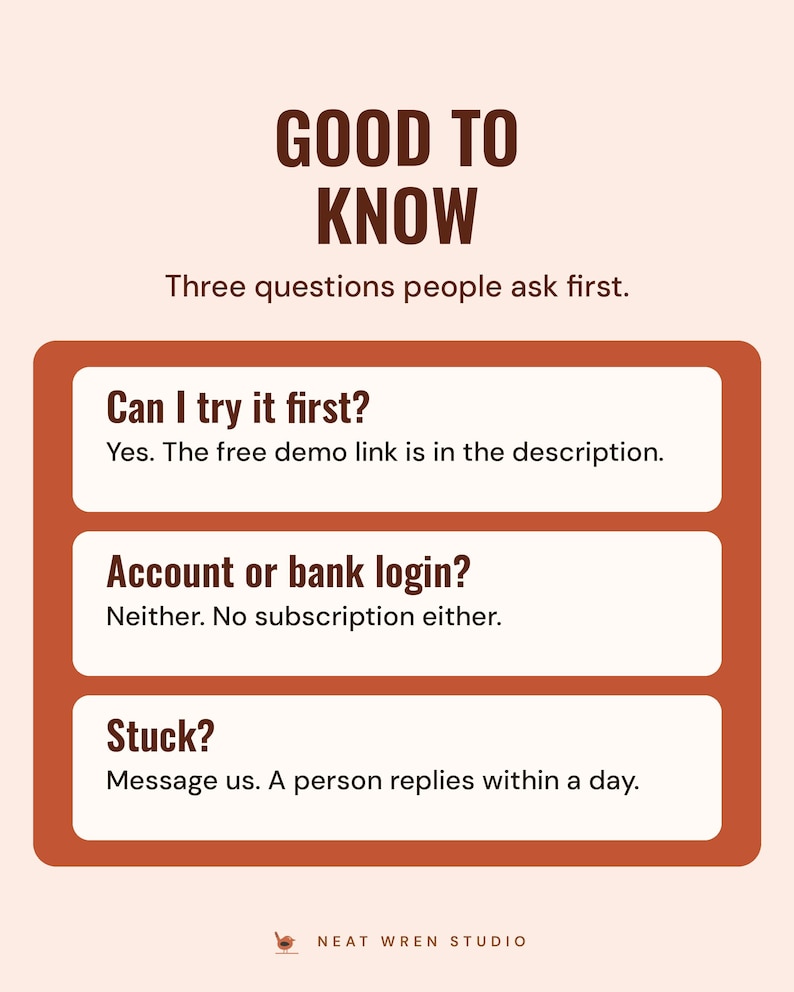 Good to know: try the free demo first, there is no account, bank login or subscription, and a person replies to messages within a day.