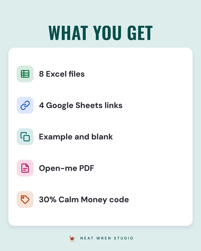 A white card under the headline What you get: 8 Excel files, 4 Google Sheets links, example and blank, an Open-me PDF and 30% Calm Money code.