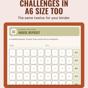 The A6 house deposit challenge insert: a hundred 1% squares with a milestone every ten.