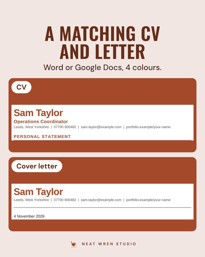 Matching UK CV and cover letter in Clay with the same name style and contact line
