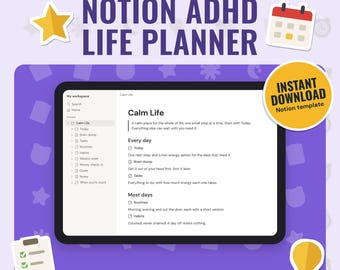 Notion-Lebensplaner-Vorlage für ADHS | Tagesübersicht, Ideensammlung, Aufgaben nach Energieaufwand, Routinen, Gewohnheitstracker ohne Serien, Wöchentlicher Reset