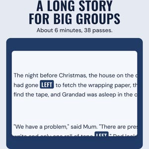 Lines from the long story with each LEFT highlighted for the reader, under the headline A long story for big groups, and the line About 6 minutes, 38 passes.