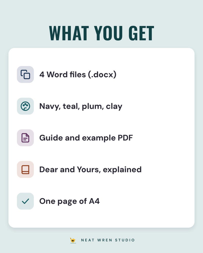 A white card under the headline What you get: 4 Word files (.docx); navy, teal, plum and clay; a guide and example PDF; Dear and Yours, explained; and one page of A4.