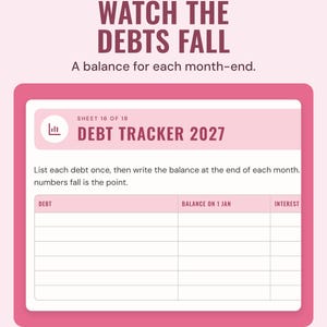 The debt tracker 2027 page with each debt, its balance on 1 January and interest, under the headline Watch the debts fall, and the line A balance for each month-end.