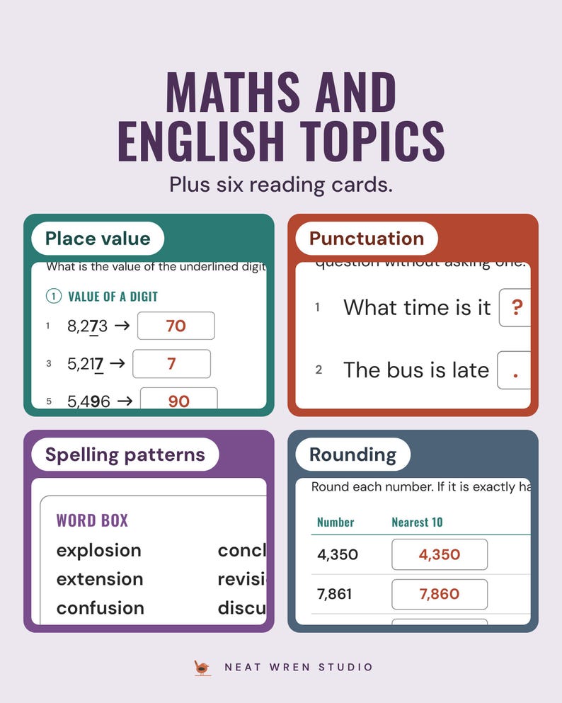 Four sheets: place value, full stop or question mark, spelling patterns word box and a rounding table.