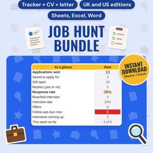 Job Application Tracker and CV Template Bundle | Job Search Spreadsheet, Cover Letter, Interview Prep, Follow-Ups (Google Sheets, Word)