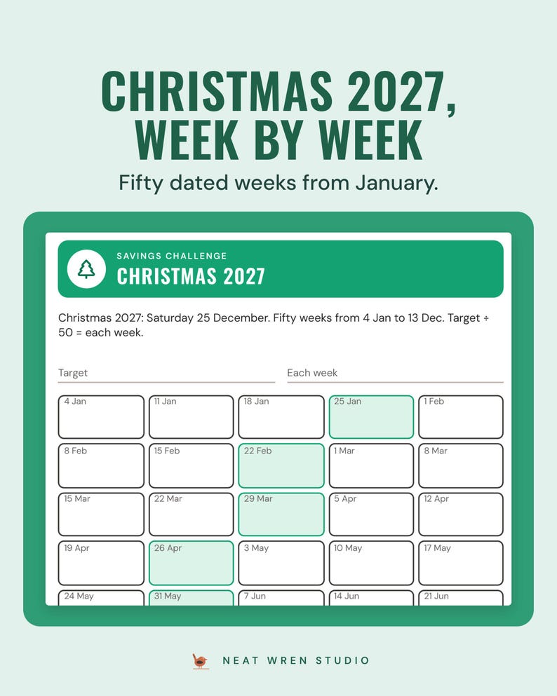 The A6 Christmas 2027 insert in the Bright colourway with weekly squares dated from 4 January.