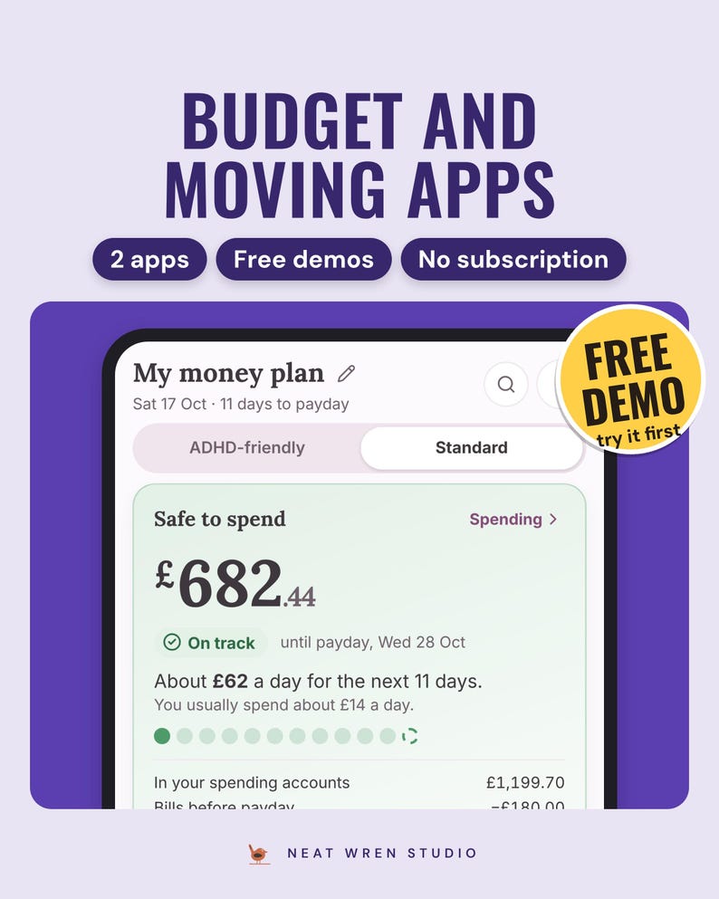 Budget Planner App and Moving Costs App Bundle: main listing photo showing the product with a 'Free demo' badge. Digital product from Neat Wren Studio.