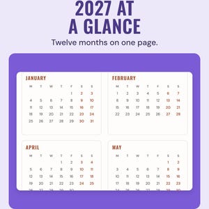The 2027 year at a glance calendar page showing January, February, April and May, under the headline 2027 at a glance, and the line Twelve months on one page.