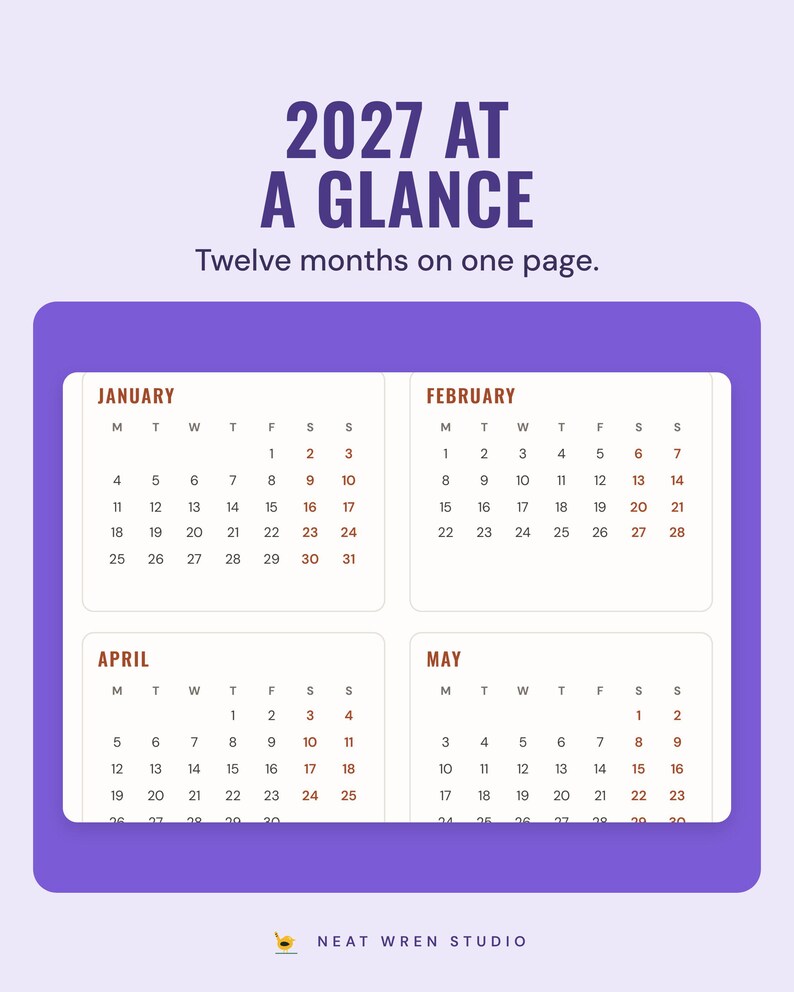 The 2027 year at a glance calendar page showing January, February, April and May, under the headline 2027 at a glance, and the line Twelve months on one page.