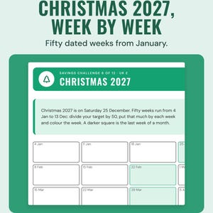 The Christmas 2027 savings page with fifty weekly squares dated from 4 January 2027.