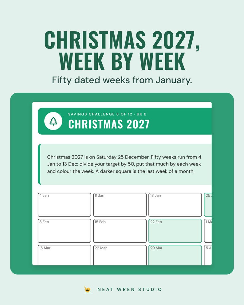 The Christmas 2027 savings page with fifty weekly squares dated from 4 January 2027.
