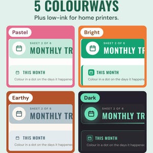The monthly tracker page in four colourways, Pastel, Bright, Earthy and Dark, under the headline 5 colourways, plus low-ink for home printers.