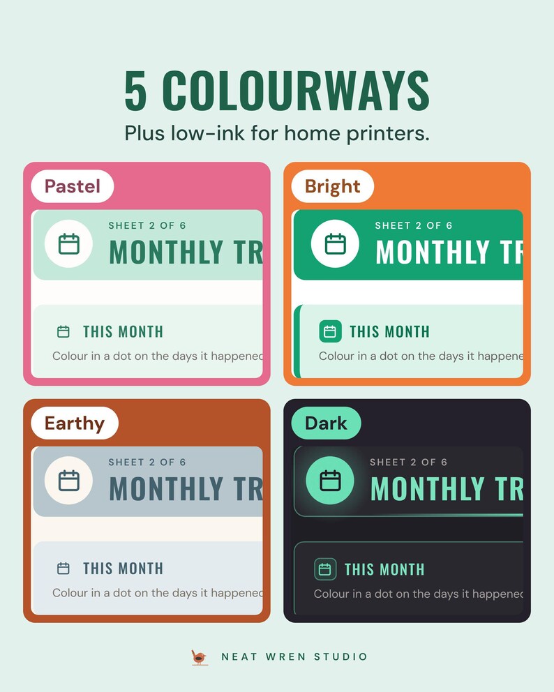 The monthly tracker page in four colourways, Pastel, Bright, Earthy and Dark, under the headline 5 colourways, plus low-ink for home printers.