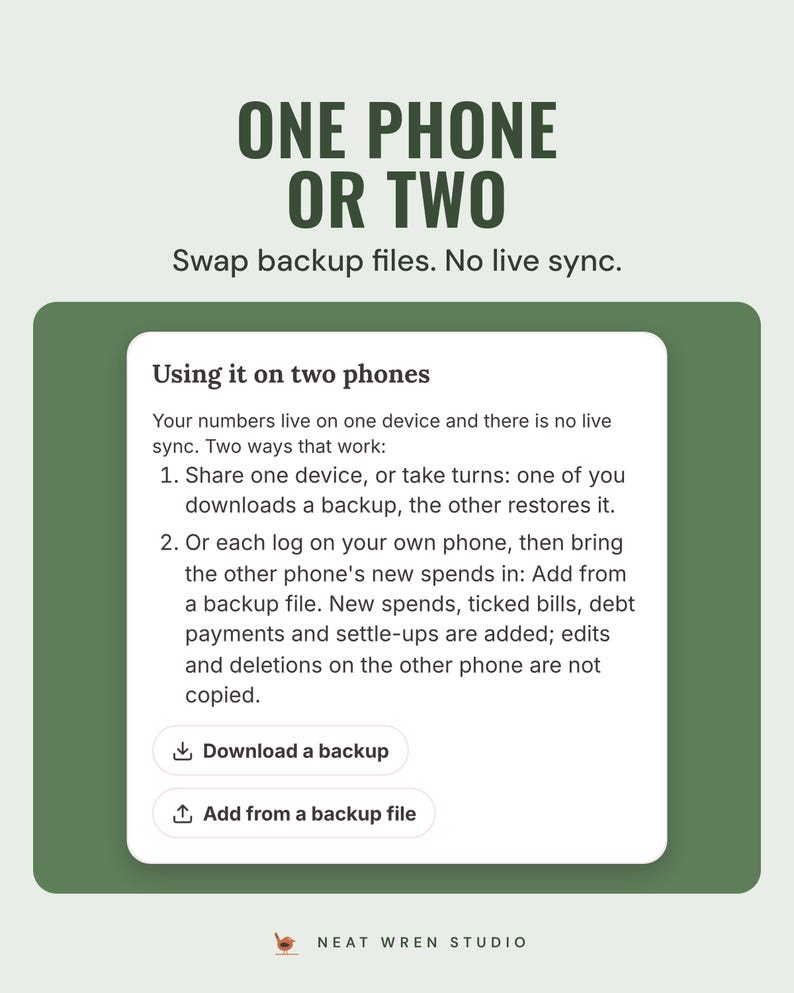Using it on two phones: share one device or swap backup files; no live sync