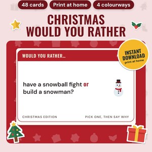 Christmas Would You Rather Cards Printable: main listing photo showing the product with an 'Instant download' badge and flat star, holly, Christmas tree and present icons. Digital product from Neat Wren Studio.