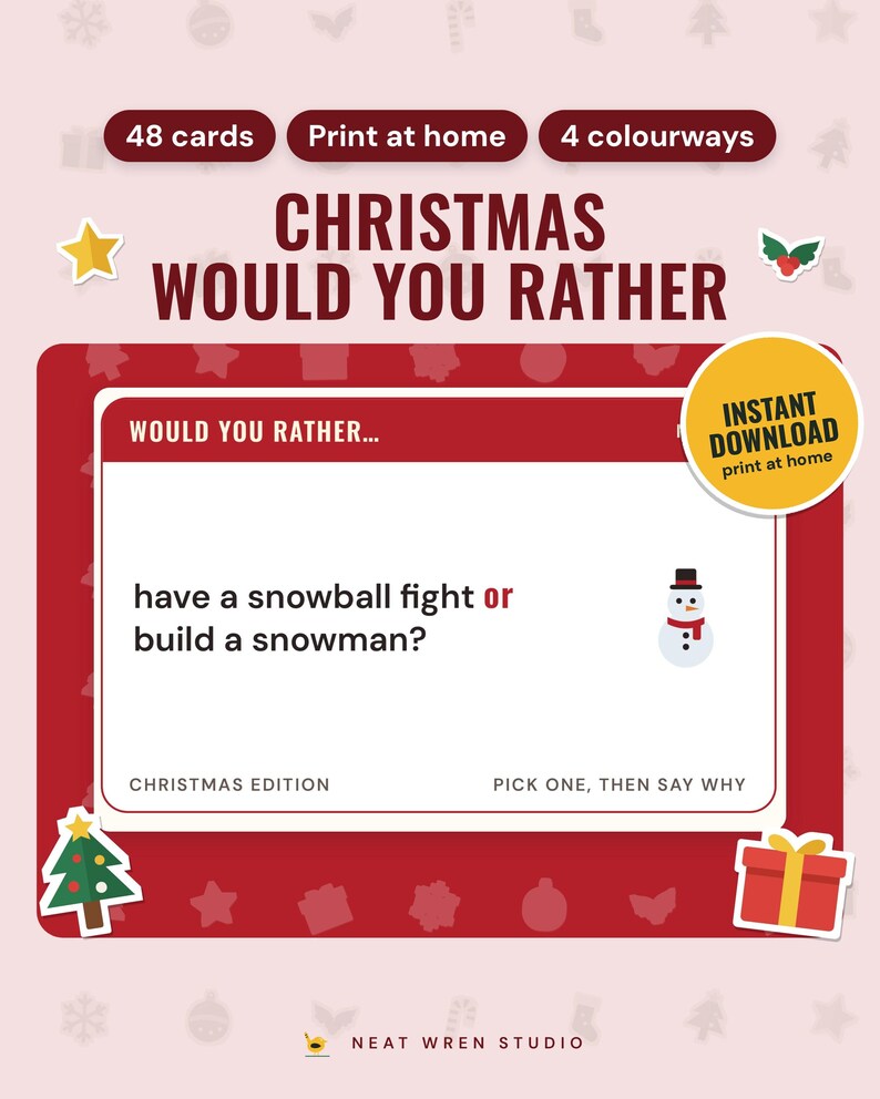 Christmas Would You Rather Cards Printable: main listing photo showing the product with an 'Instant download' badge and flat star, holly, Christmas tree and present icons. Digital product from Neat Wren Studio.