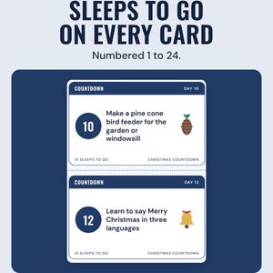 Two countdown cards, day 10, make a pine cone bird feeder, and day 12, learn to say Merry Christmas in three languages, under the headline Sleeps to go on every card.