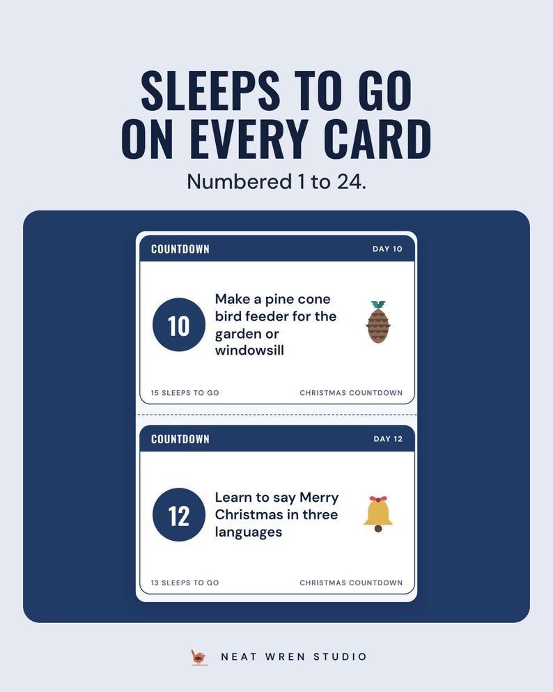 Two countdown cards, day 10, make a pine cone bird feeder, and day 12, learn to say Merry Christmas in three languages, under the headline Sleeps to go on every card.