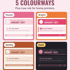 The January 2027 bill checklist in four colourways, Pastel, Bright, Earthy and Dark, under the headline 5 colourways, plus low-ink for home printers.