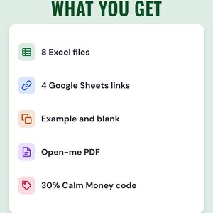 What you get: 8 Excel files, 4 Google Sheets links, example and blank, Open-me PDF, 30% Calm Money code
