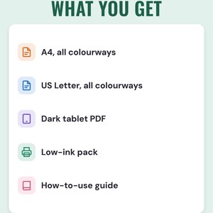 A white card under the headline What you get: A4, all colourways; US Letter, all colourways; dark tablet PDF; low-ink pack; and how-to-use guide.