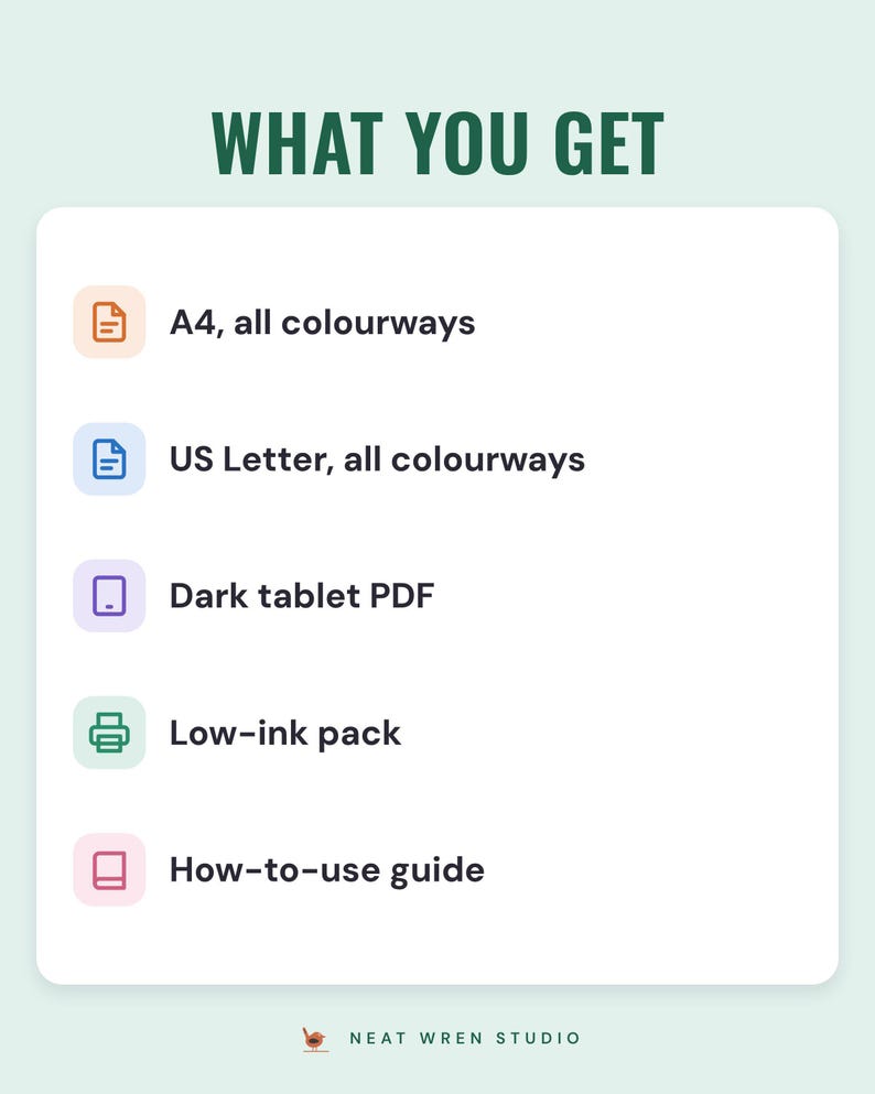 A white card under the headline What you get: A4, all colourways; US Letter, all colourways; dark tablet PDF; low-ink pack; and how-to-use guide.