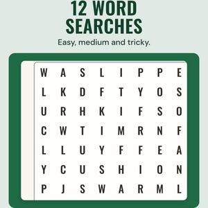 A Christmas word search grid of capital letters, under the headline 12 word searches, and the line Easy, medium and tricky.