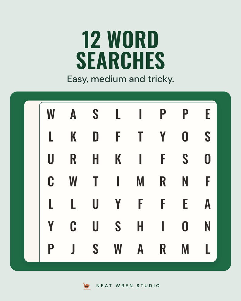 A Christmas word search grid of capital letters, under the headline 12 word searches, and the line Easy, medium and tricky.