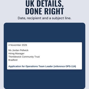 The top of the example cover letter with the date, the recipient's name and address and a subject line, under the headline UK details, done right.