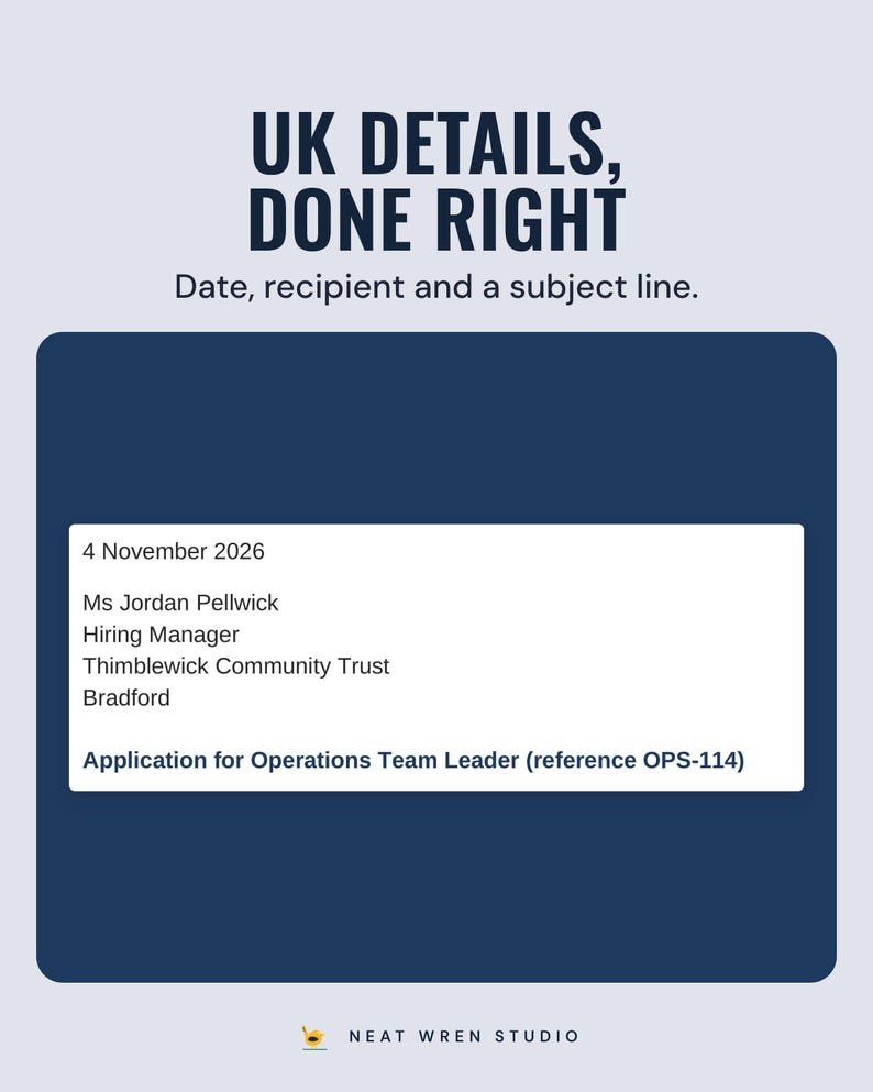 The top of the example cover letter with the date, the recipient's name and address and a subject line, under the headline UK details, done right.