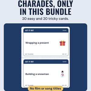 Two act it out charades cards, Wrapping a present and Building a snowman, under the headline Charades, only in this bundle, with a note: no film or song titles.