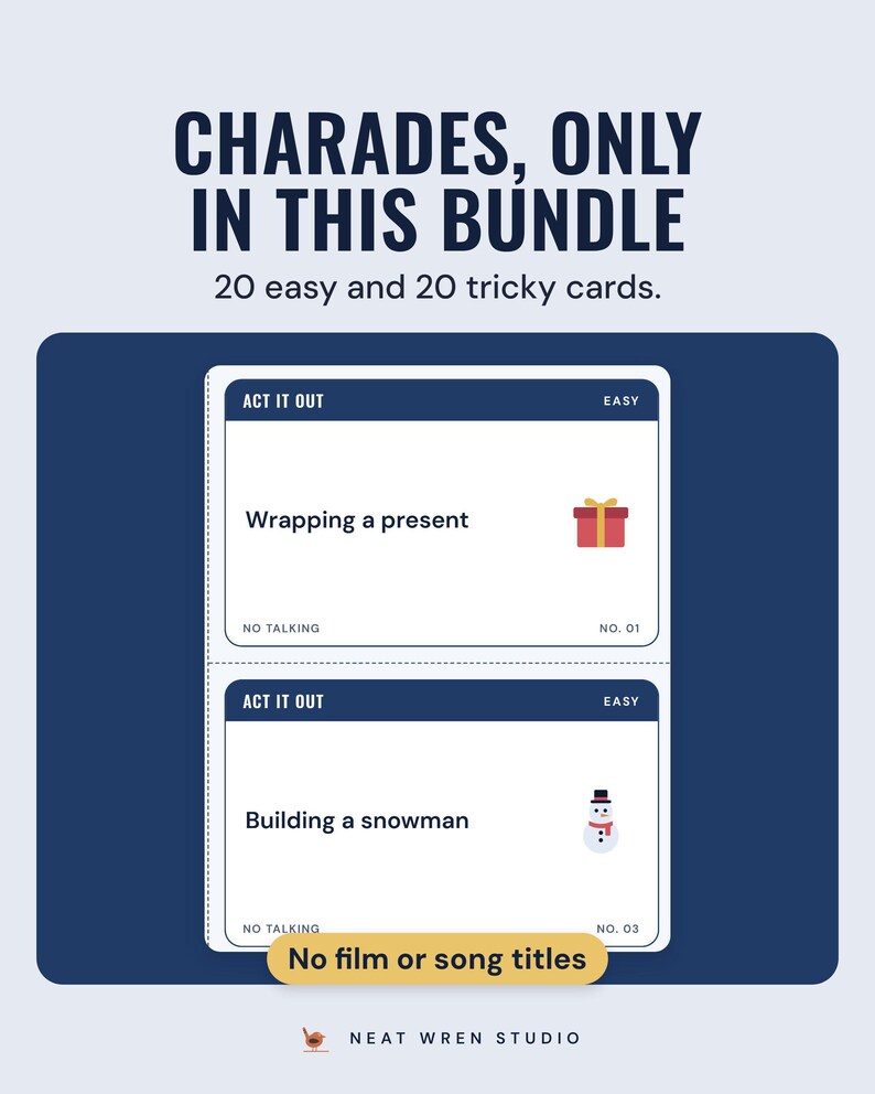 Two act it out charades cards, Wrapping a present and Building a snowman, under the headline Charades, only in this bundle, with a note: no film or song titles.
