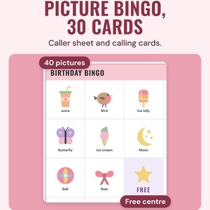 Close-up of a birthday picture bingo card with a free centre square; 30 different cards and 40 pictures.