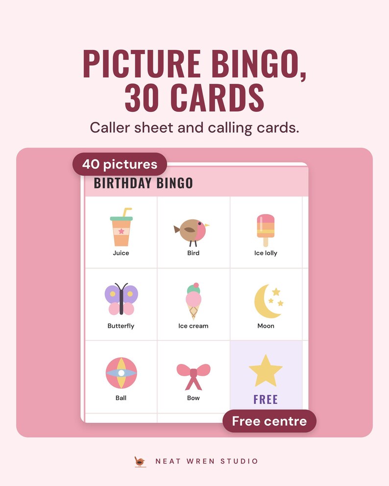Close-up of a birthday picture bingo card with a free centre square; 30 different cards and 40 pictures.