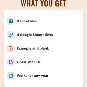 A white card under the headline What you get: 8 Excel files, 4 Google Sheets links, example and blank, an Open-me PDF and works for any year.