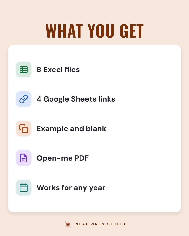 A white card under the headline What you get: 8 Excel files, 4 Google Sheets links, example and blank, an Open-me PDF and works for any year.