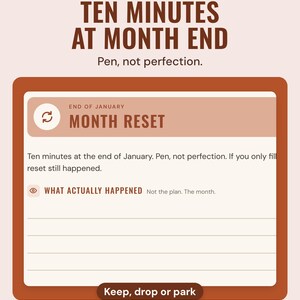 The end of January month reset with a What actually happened box, under the headline Ten minutes at month end, with a note: keep, drop or park.