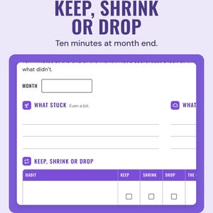 The month-end review page with What stuck and a keep, shrink or drop table for each habit, under the headline Keep, shrink or drop.