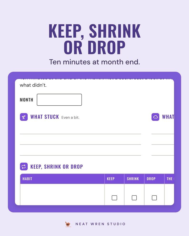The month-end review page with What stuck and a keep, shrink or drop table for each habit, under the headline Keep, shrink or drop.