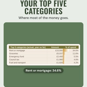 The budget spreadsheet's dashboard table of the top five spending categories for the year, with amounts and share of spend; rent or mortgage is 34.6%.