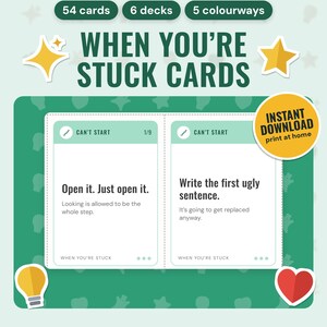 ADHD Task Initiation Cards: main listing photo showing the product with an 'Instant download' badge and flat sparkle, star, light bulb and heart icons. Digital product from Neat Wren Studio.