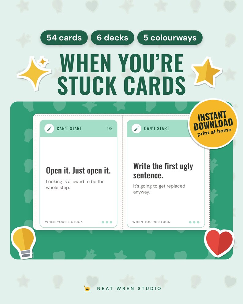 ADHD Task Initiation Cards: main listing photo showing the product with an 'Instant download' badge and flat sparkle, star, light bulb and heart icons. Digital product from Neat Wren Studio.