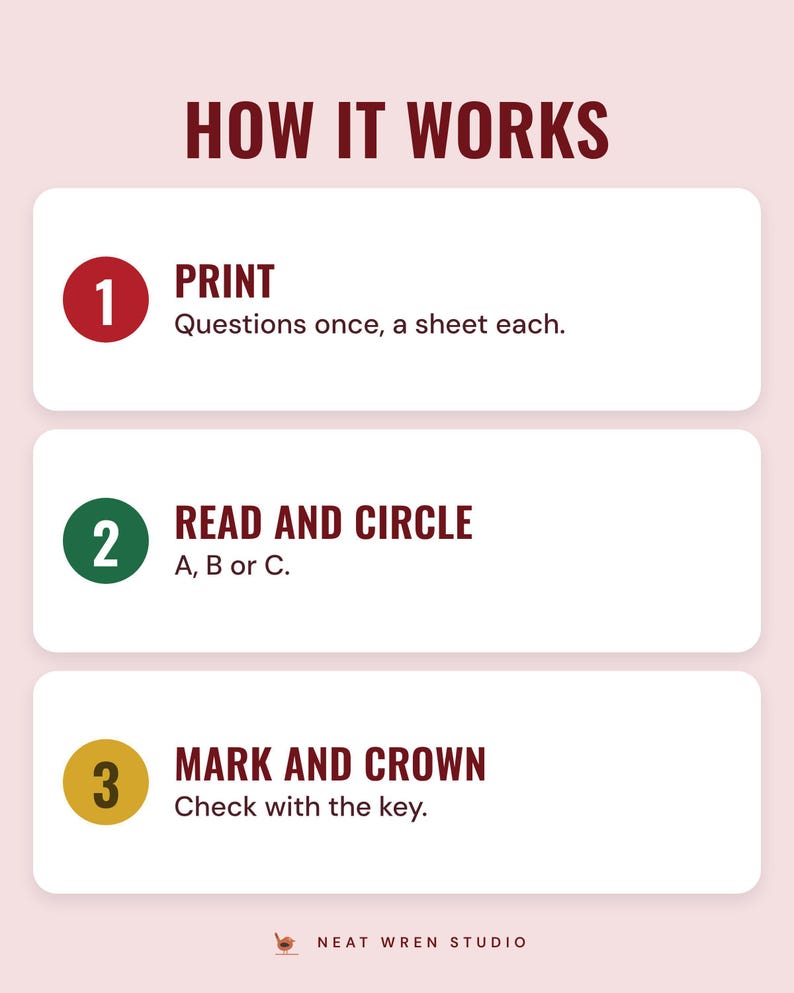 Three numbered steps under the headline How it works: print the questions once and a sheet each, read and circle A, B or C, then mark with the key and crown the winner.