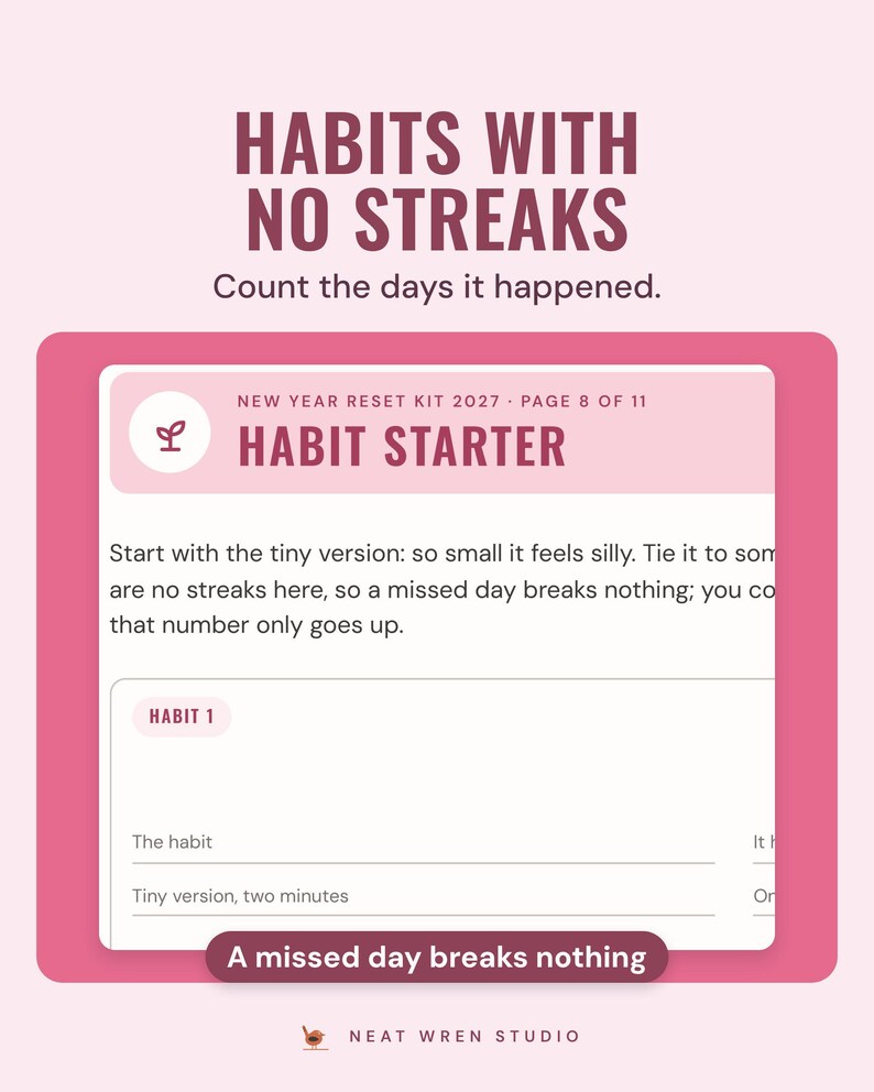 Habit starter page with the tiny version of each habit and a row of dots to colour on the days it happened, with no streaks.
