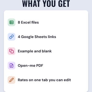 A white card under the headline What you get: 8 Excel files, 4 Google Sheets links, example and blank, an Open-me PDF and rates on one tab you can edit.