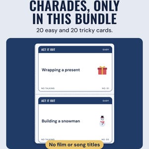 Two act it out charades cards, Wrapping a present and Building a snowman, under the headline Charades, only in this bundle, with a note: no film or song titles.