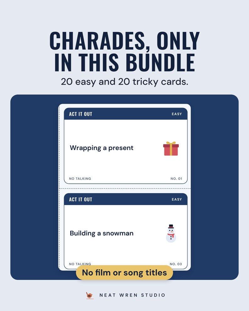 Two act it out charades cards, Wrapping a present and Building a snowman, under the headline Charades, only in this bundle, with a note: no film or song titles.
